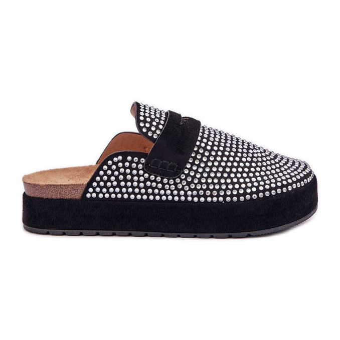 Women's flip flops decorated with zircons on the black platform