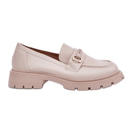 Classic women's loafers with eco leather beige with an ornament