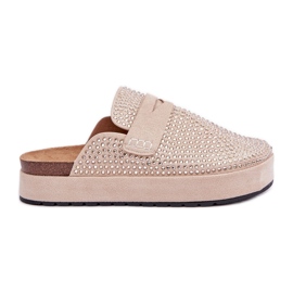 Women's slippers decorated with zircons on the platform beige