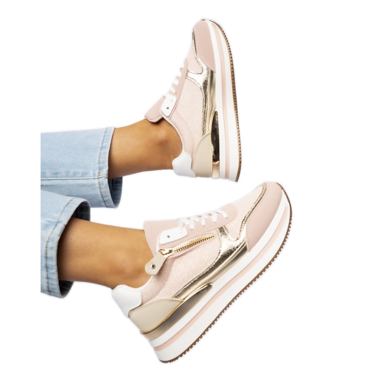 Women's sneakers - powder pink, golden details pink