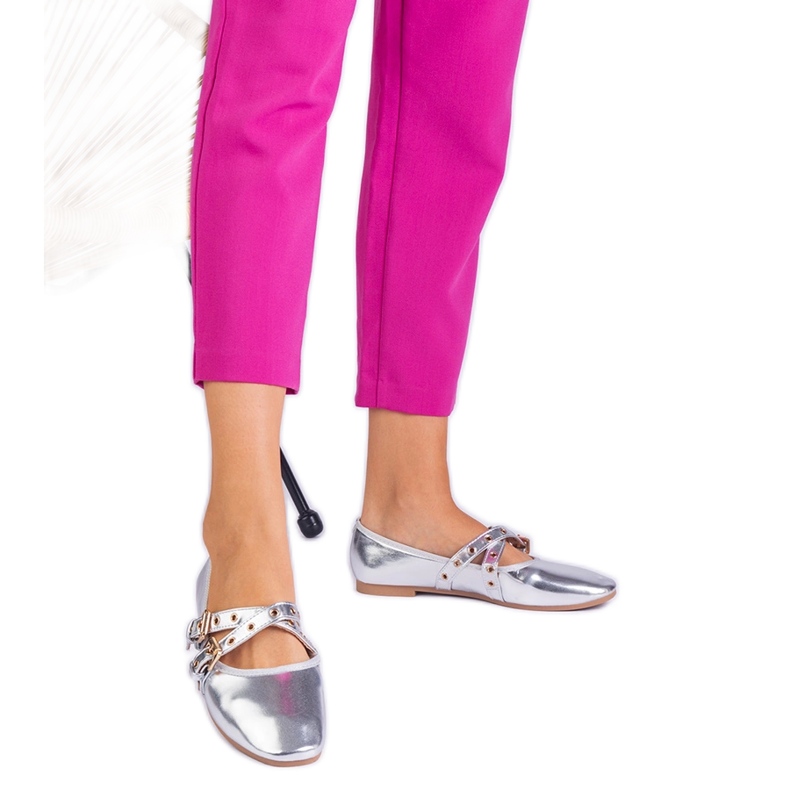 Silver metallic ballerinas made of eco -leather decorated with buckles Silver metallic ballerinas made of eco -leather decorated with buckles