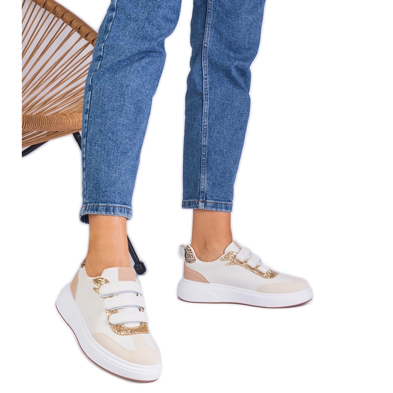Beige women's sneakers for Velcro decorated with glitter