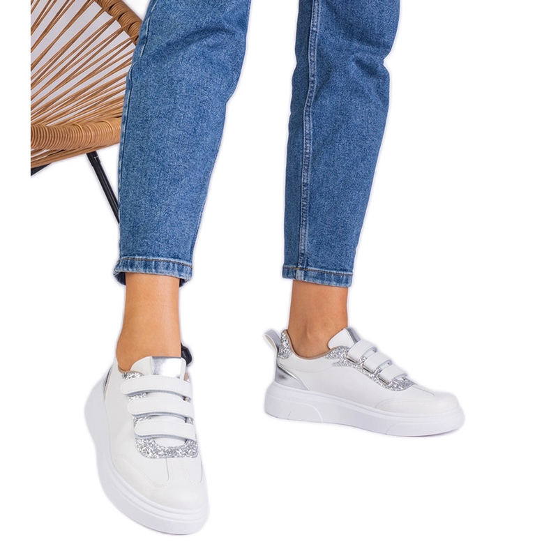 Women's white and silver sneakers for Velcro decorated with glitter