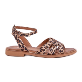 Zazoo Women's leather sandals with flat heels leopard print 3688 brown