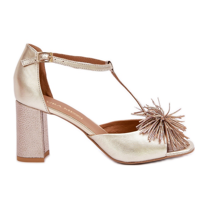 Leather sandals on a high heel with decoration Laura Messi 2758 Gold golden Leather sandals on a high heel with decoration Laura Messi 2758 Gold golden