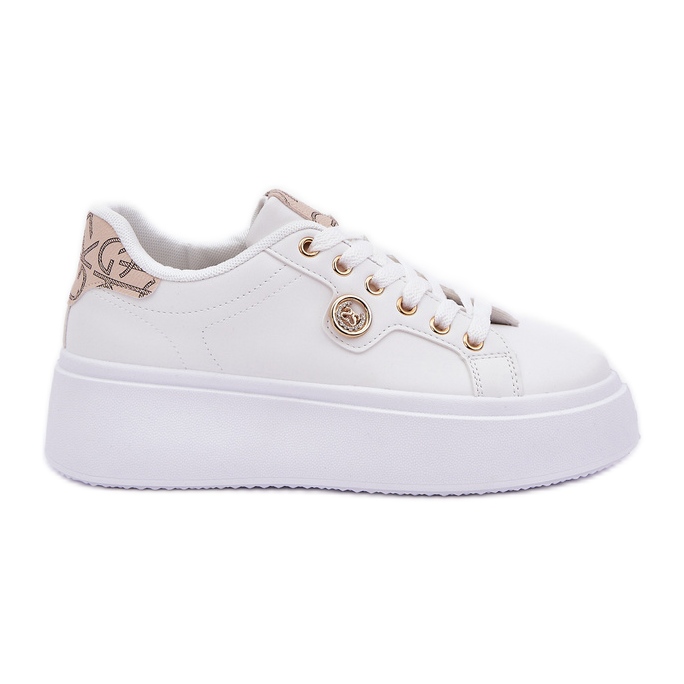 Eco leather sneakers on a platform with a golden-beige golden detail white