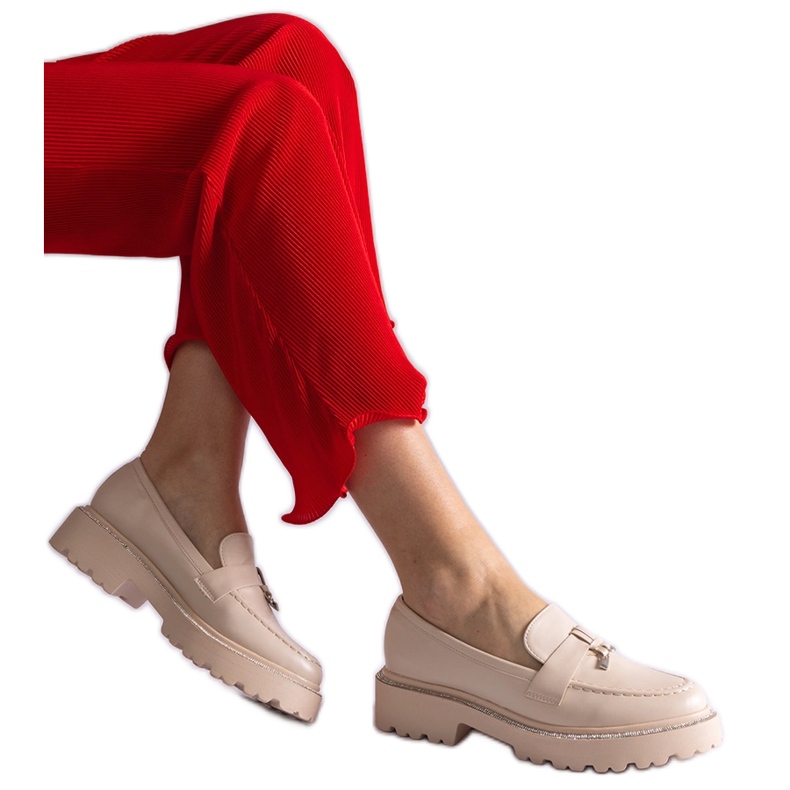 Beige eco -leather loafers decorated with zircons