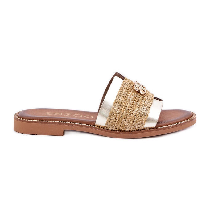 Leather flip flops with a decorative detail and a Zazoo 40426 zloty braid golden Leather flip flops with a decorative detail and a Zazoo 40426 zloty braid golden