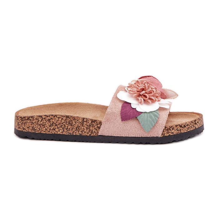 Women's flip flops with flowers on a cork platform pink