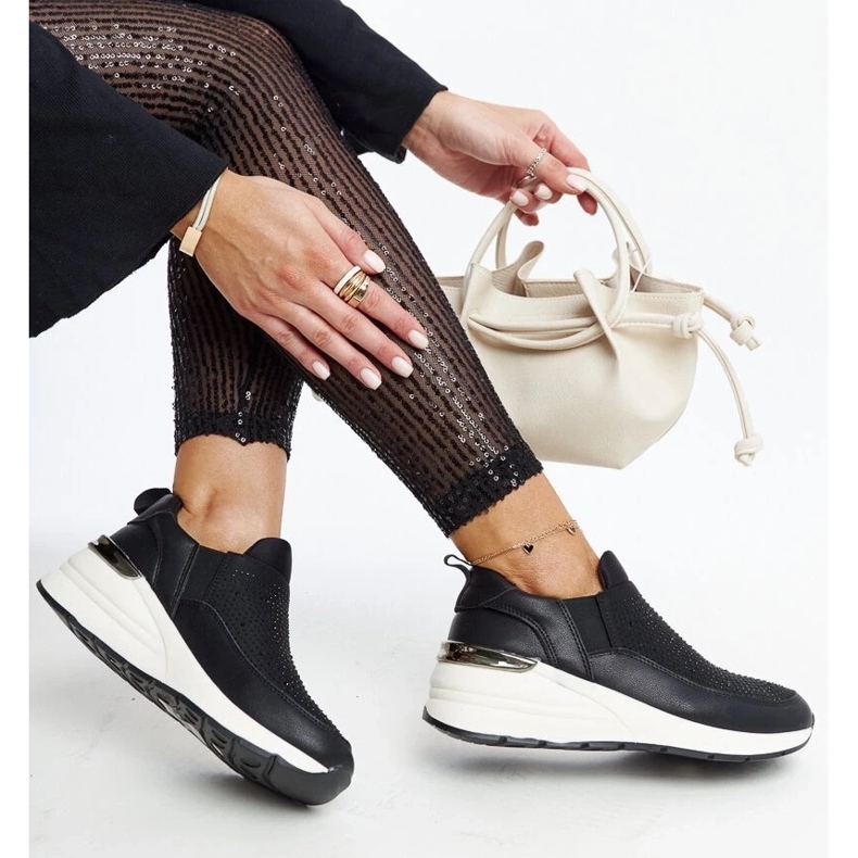 D/GMR Black wedge sneakers with zircons and golden elements Ashleey