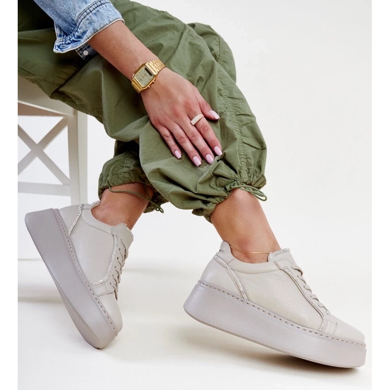 Dark beige leather sneakers with rhinestones Karino