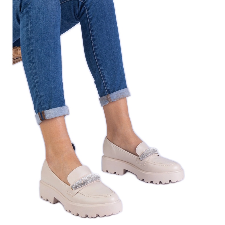 Beige women's loafers decorated with zircons Beige women's loafers decorated with zircons