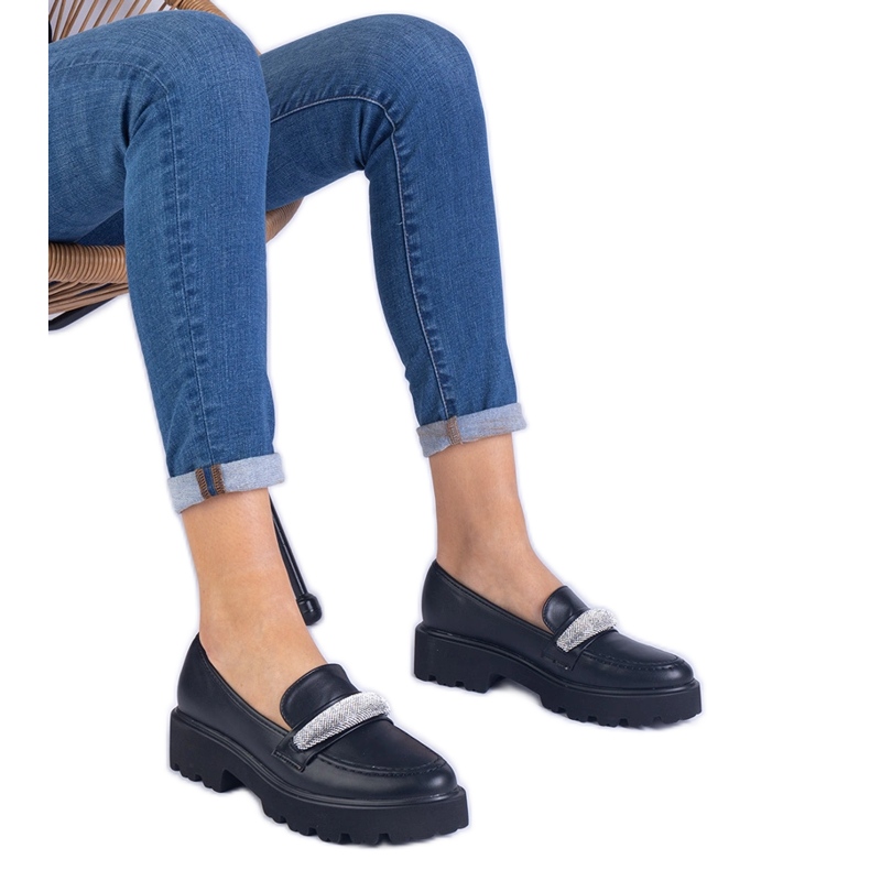 Black women's loafers decorated with zircons Black women's loafers decorated with zircons
