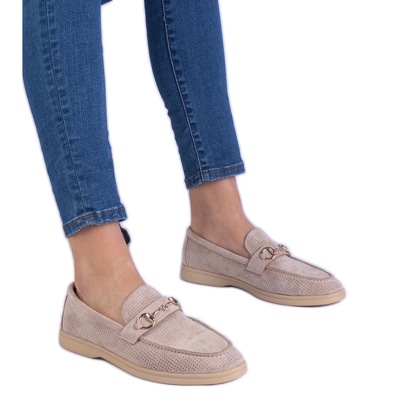 Brown Openwork Ekozamszamowe loafers with a golden decoration