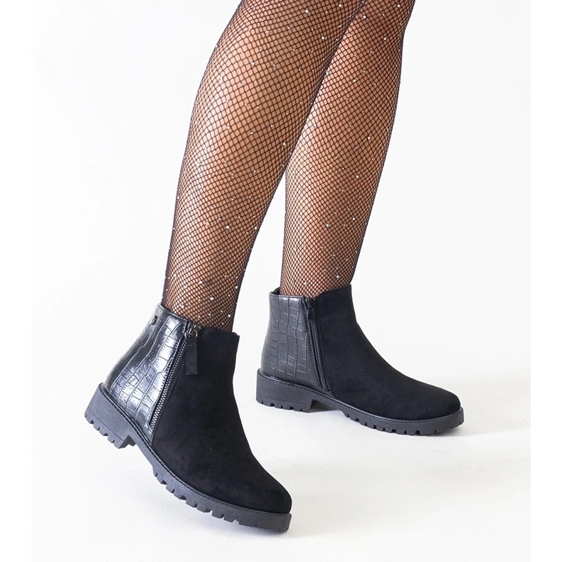 D/CEO Black ankle boots with a crocodile leather motif, eco-suede Mifsada