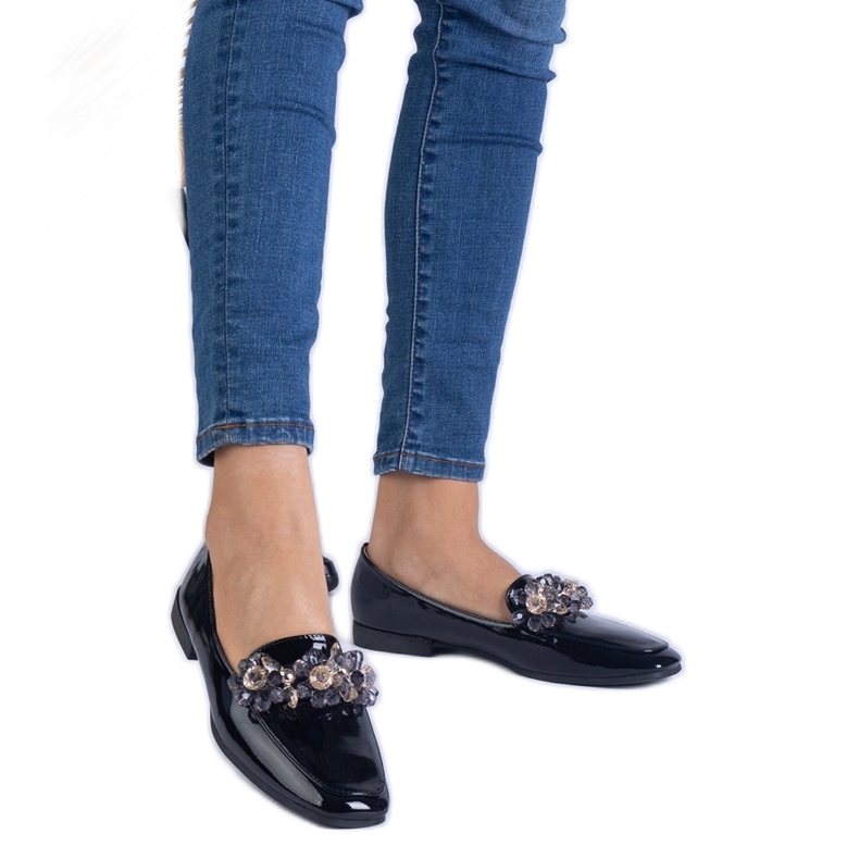 Black varnished loafers with crystals