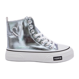 Metallic high women's sneakers with hearts blue