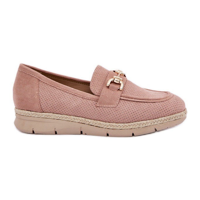 Openwork loafers with a golden detail and a jute pink braid