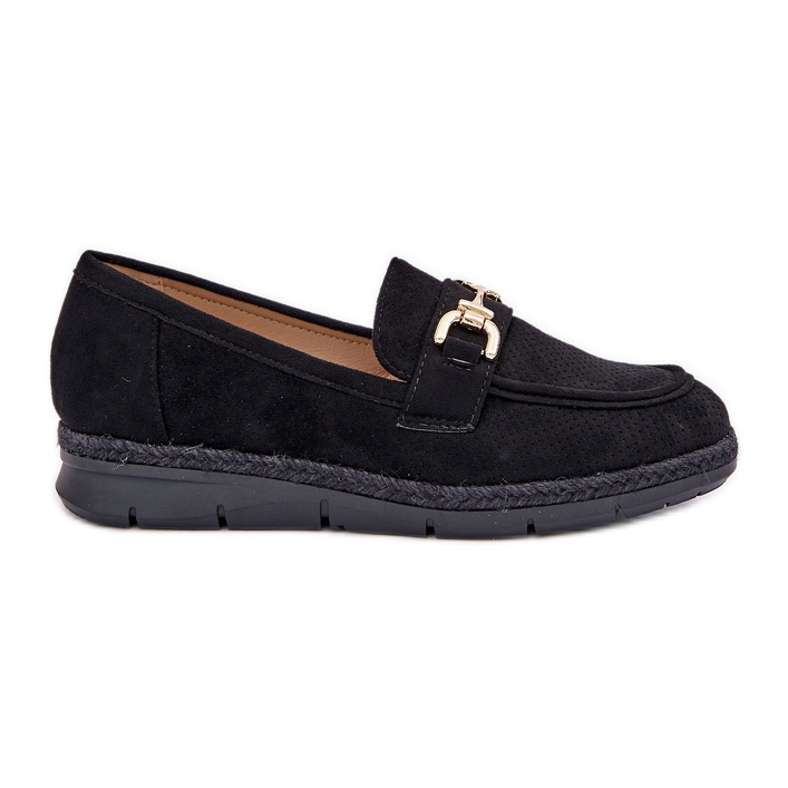 Openwork loafers with a golden detail and a jute black braid