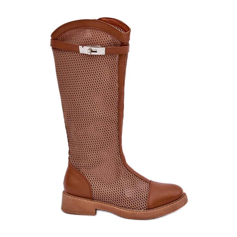Flat heel boots half -heel brown calves
