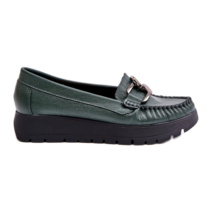 Zazoo 10141 Leather Platform Loafers With Embellishment Dark Green