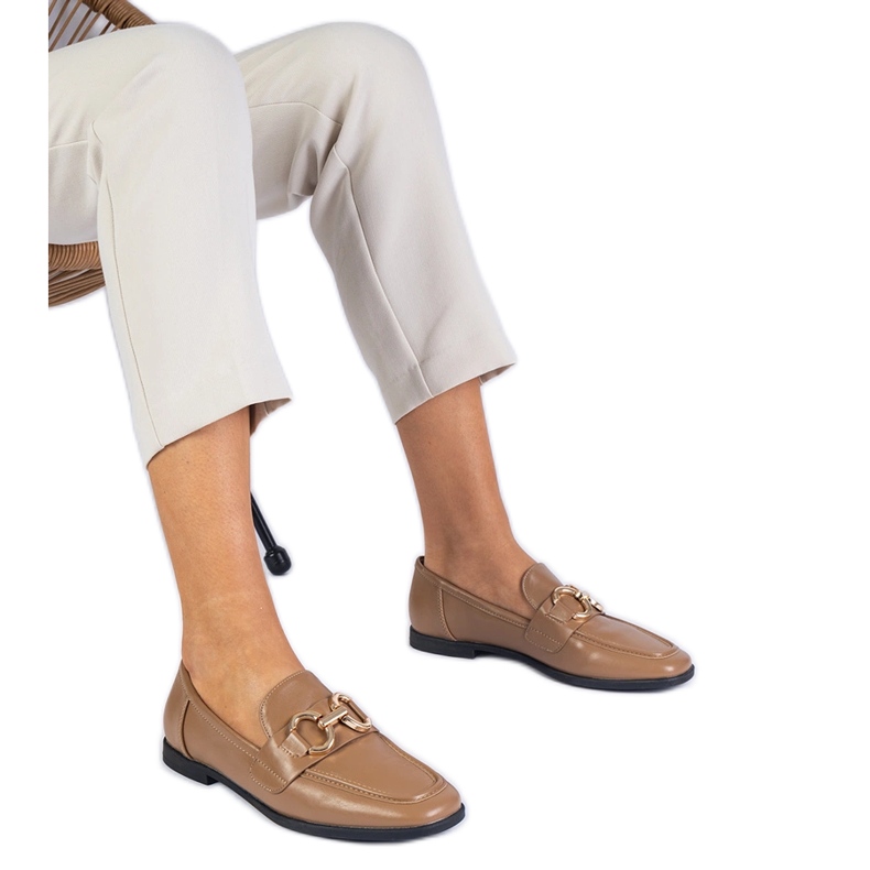 Brown women's loafers with a golden decoration Brown women's loafers with a golden decoration