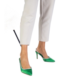 Green satin pumps with zircons with an open heel