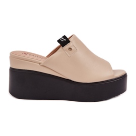 Slippers on the platform and wedge eco leather beige