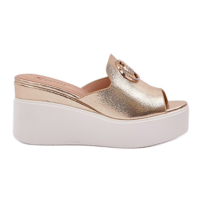 Slippers on the platform and wedges with a golden ornament
