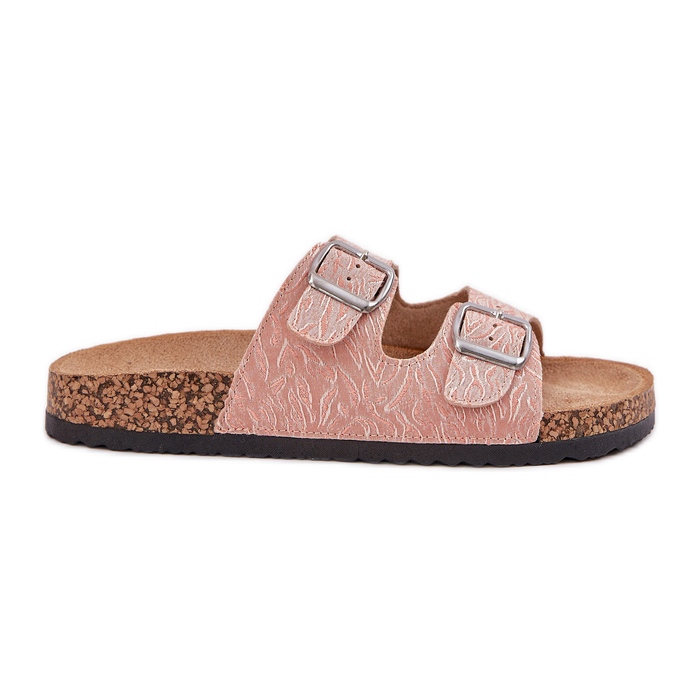 Material flip -flops on a cork sole with pink buckles