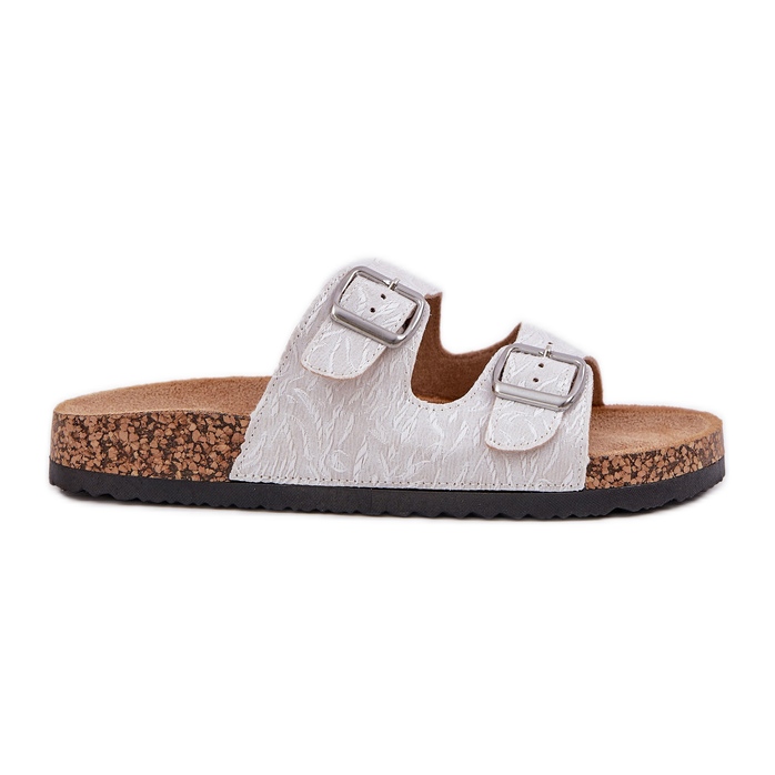 Material flip flops on a cork sole with clamps light gray white