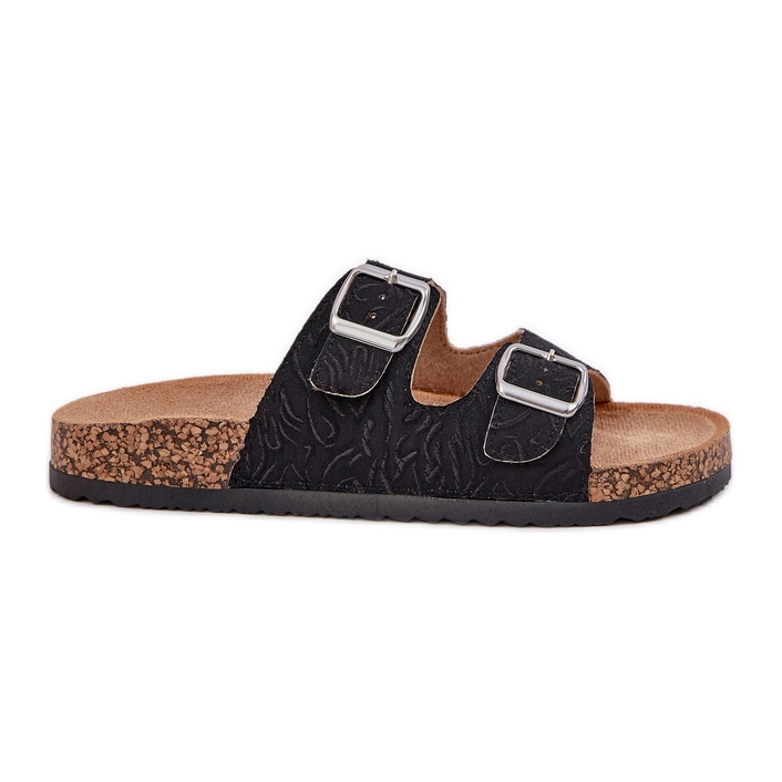 Material flip flops on a cork sole with black clamps