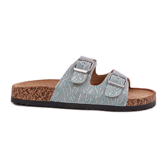 Material flip -flops on a cork sole with mint buckles green