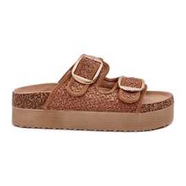 Slippers with braid and buckles on the massive Camel platform beige