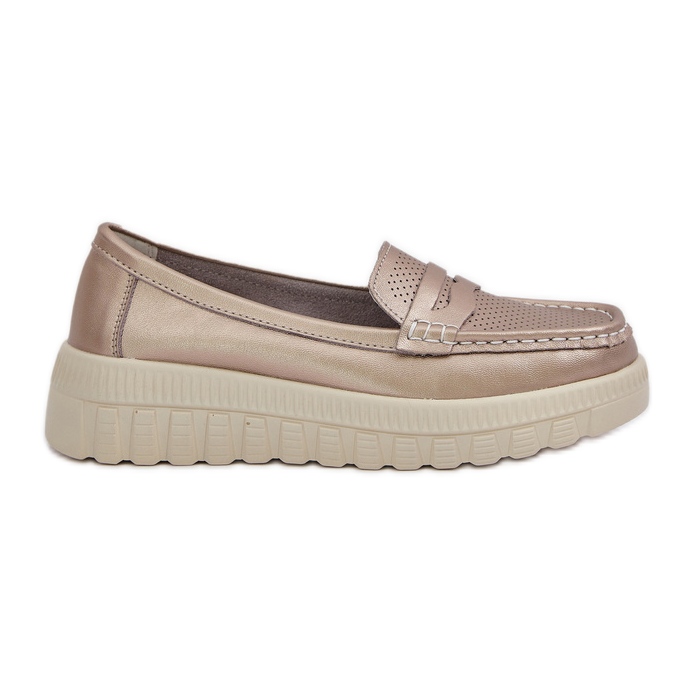 Women's openwork leather loafers on the platform and champagne wedges golden