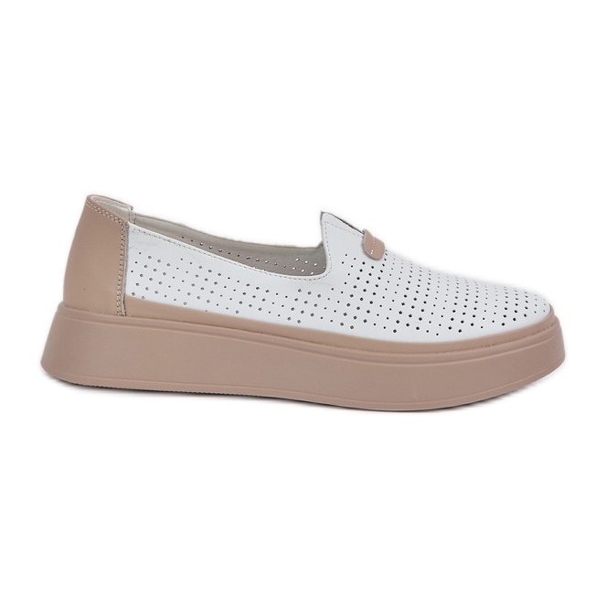 Light openwork leather loafers women's shoes on the platform and white wedges