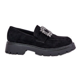 Eco suede women's loafers with a decorative brooch black