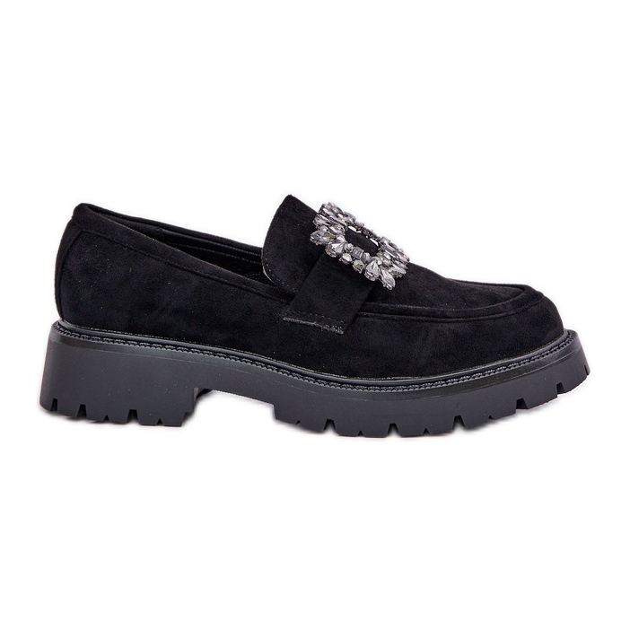 Eco suede women's loafers with a decorative brooch black