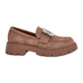 Eco suede women's loafers with a decorative brooch dark beige