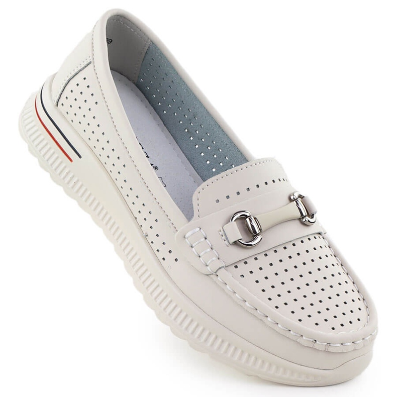 Openwork leather shoes, beige loafers Vinceza 95331