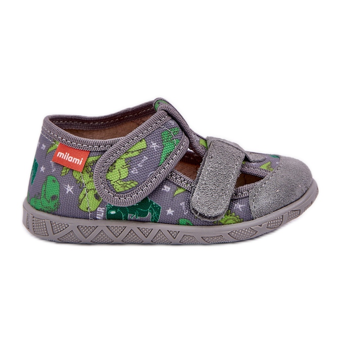 Children's slippers for Velcro in gray-green dinosaurs grey