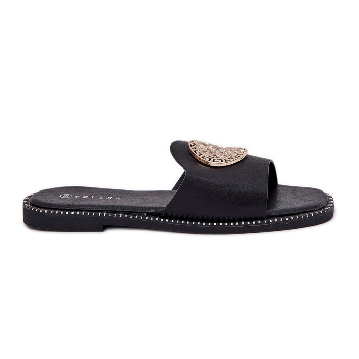 Eco leather flat flip flops with black decoration