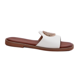 Eco leather flat -heeled flip flops with a white decoration