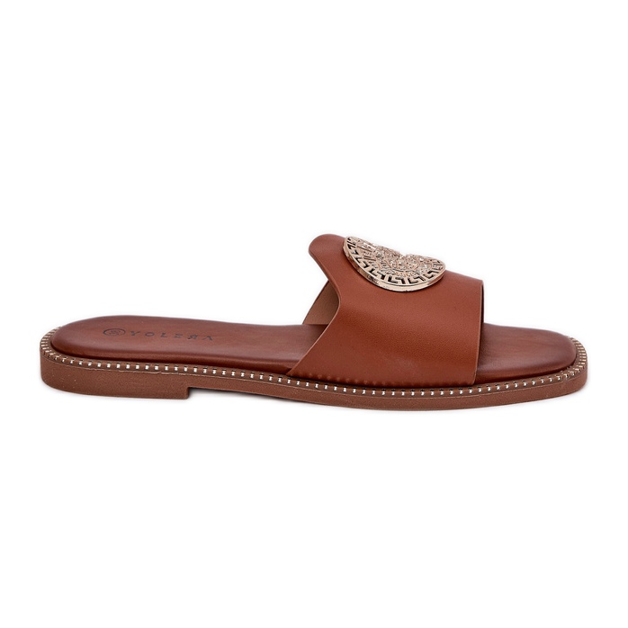 Eco leather flat -heeled flip flops with Camel decoration brown