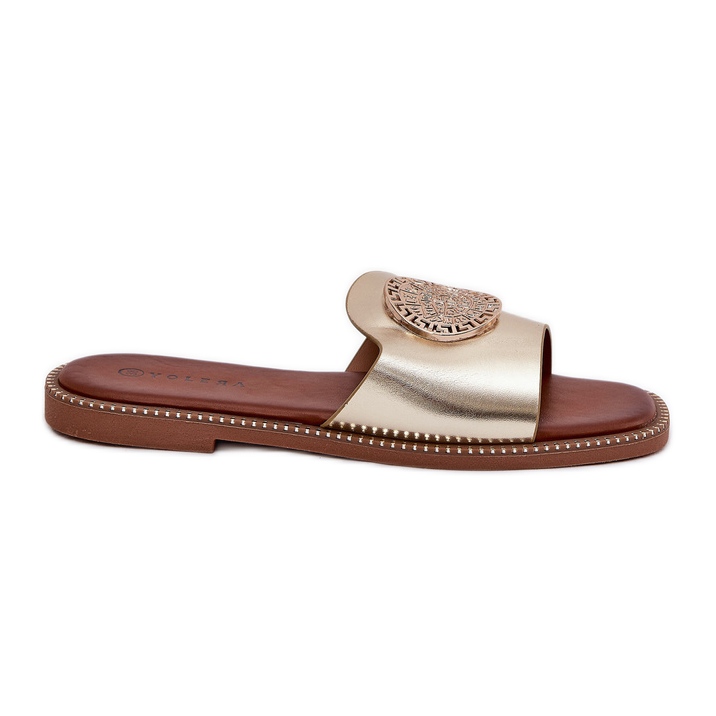Eco leather flat -heeled flip flops with golden decoration