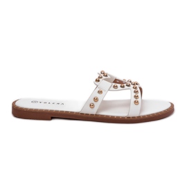 Decorated flat white women's slippers