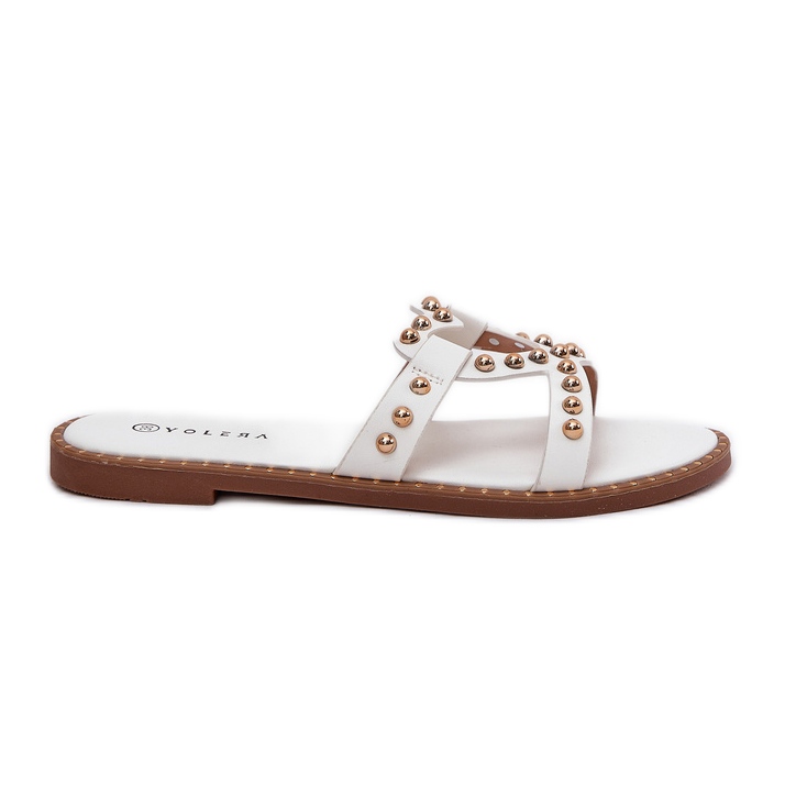 Decorated flat white women's slippers