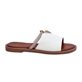 Eco leather flat -heeled flip flops with a decorative strap white Eco leather flat -heeled flip flops with a decorative strap white