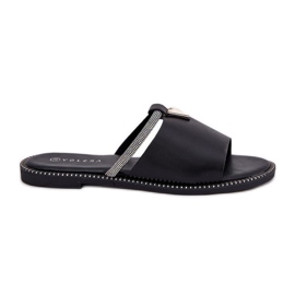 Eco leather flat -heeled flip flops with a decorative strip black strap