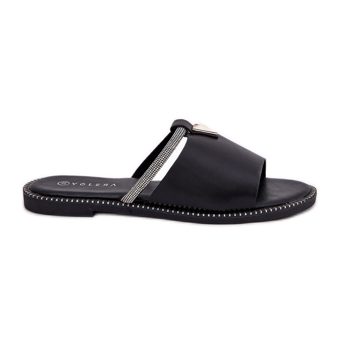 Eco leather flat -heeled flip flops with a decorative strip black strap